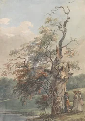 Paisaje con un hombre tocando una flauta bajo un árbol viejo